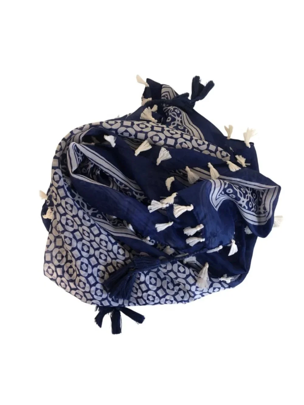 Blue White Geometric Pattern Tassel Scarf Wrap Square 39x41in